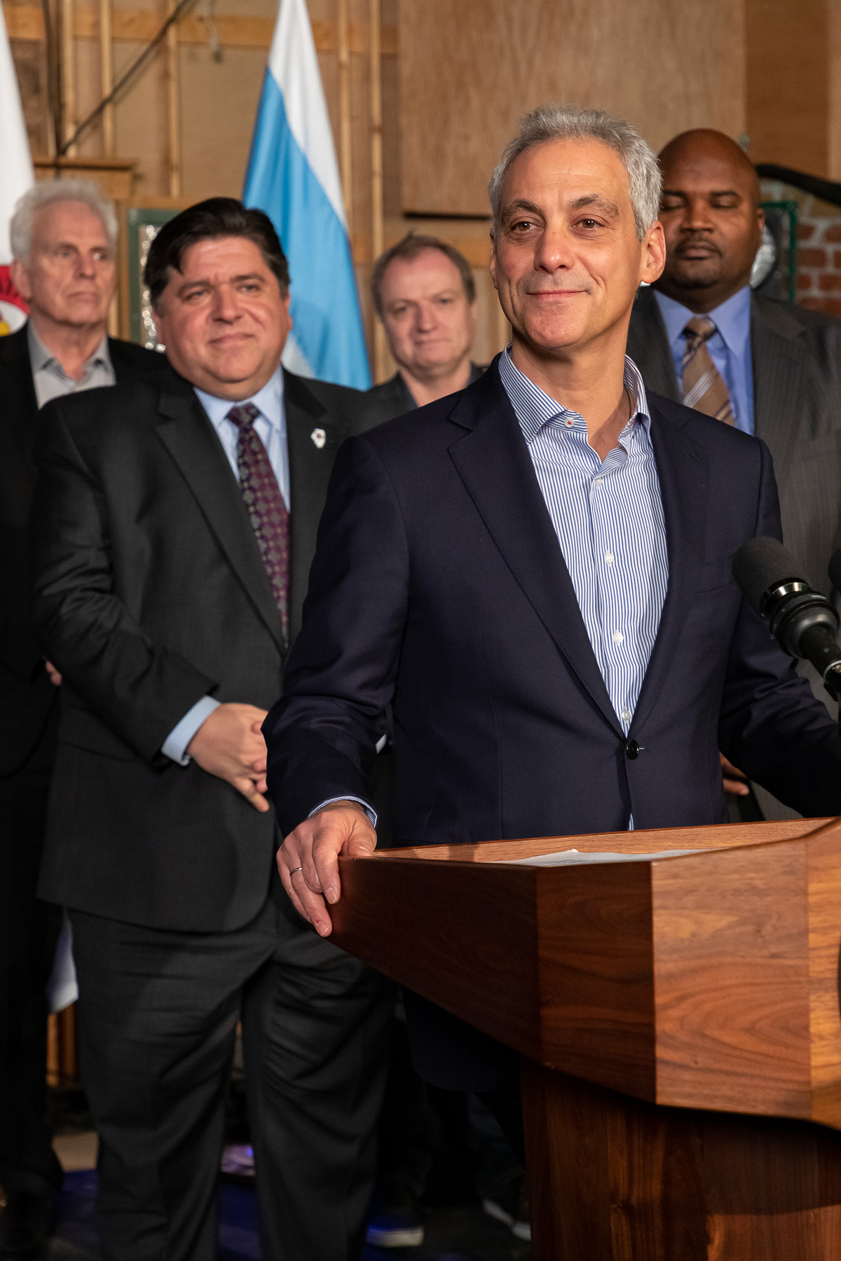 Chicago Mayor Rahm Emanuel, right, and Illinois Governor JB Pritzker, attend a press conference at Cinespace Chicago Film Studios and DePaul University’s School of Cinematic Arts, Thursday, Feb. 28, 2019. (DePaul University/Jeff Carrion)